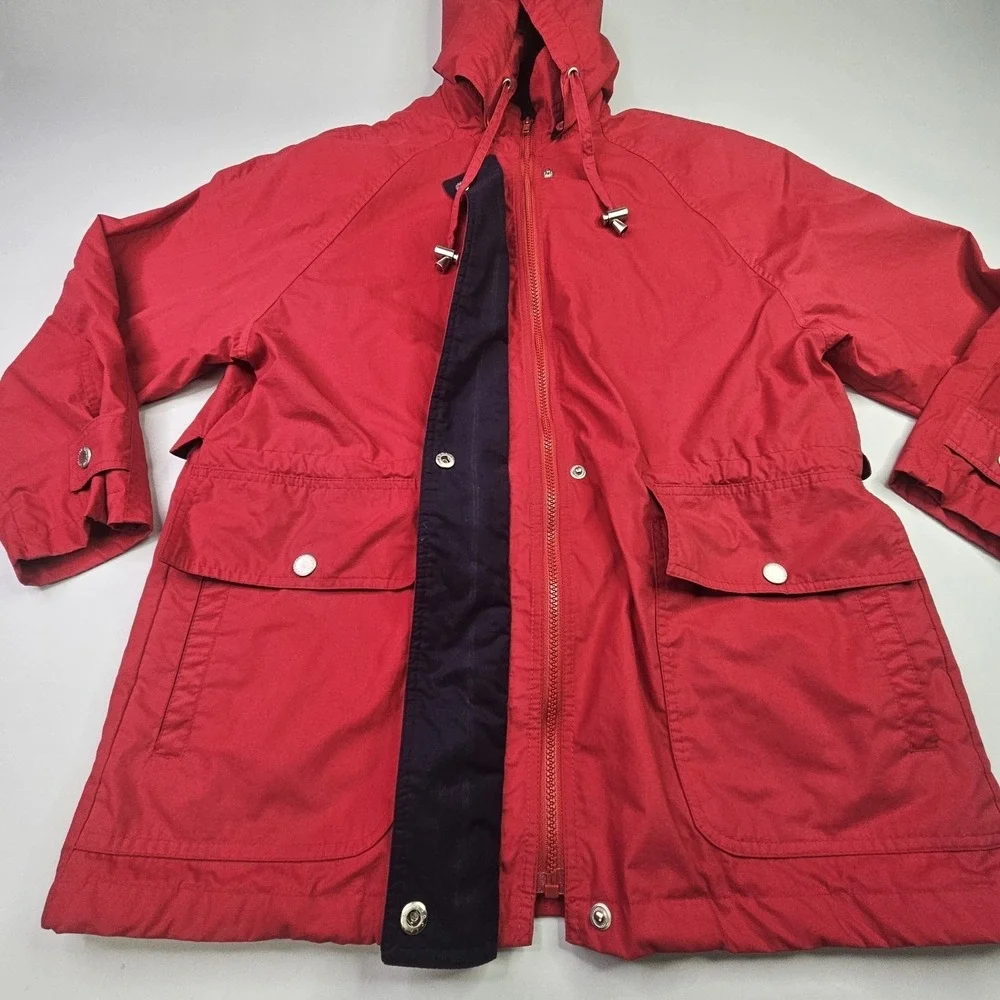 London Fog Hooded Parka Jacket Medium Red Full Zip Button Front Outdoor